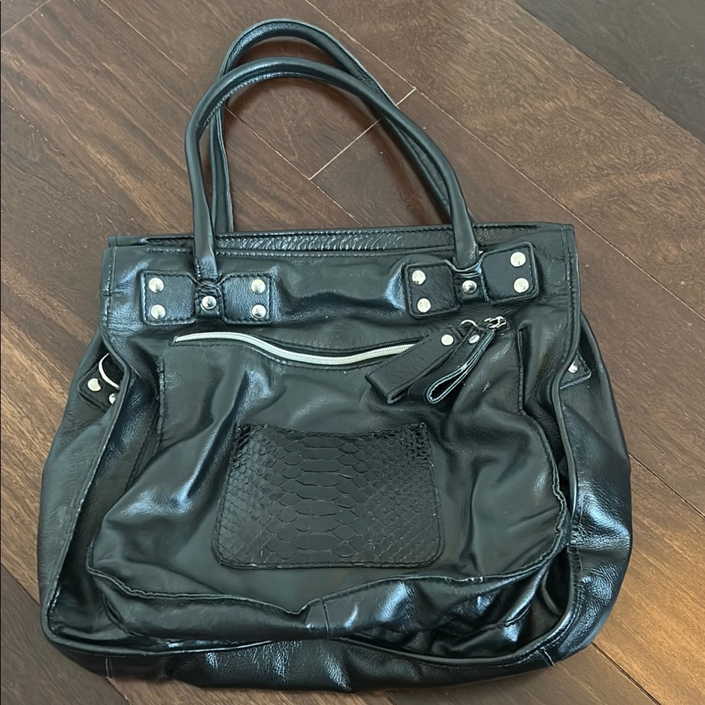 Glossy Black Leather Tote with Silver Hardware